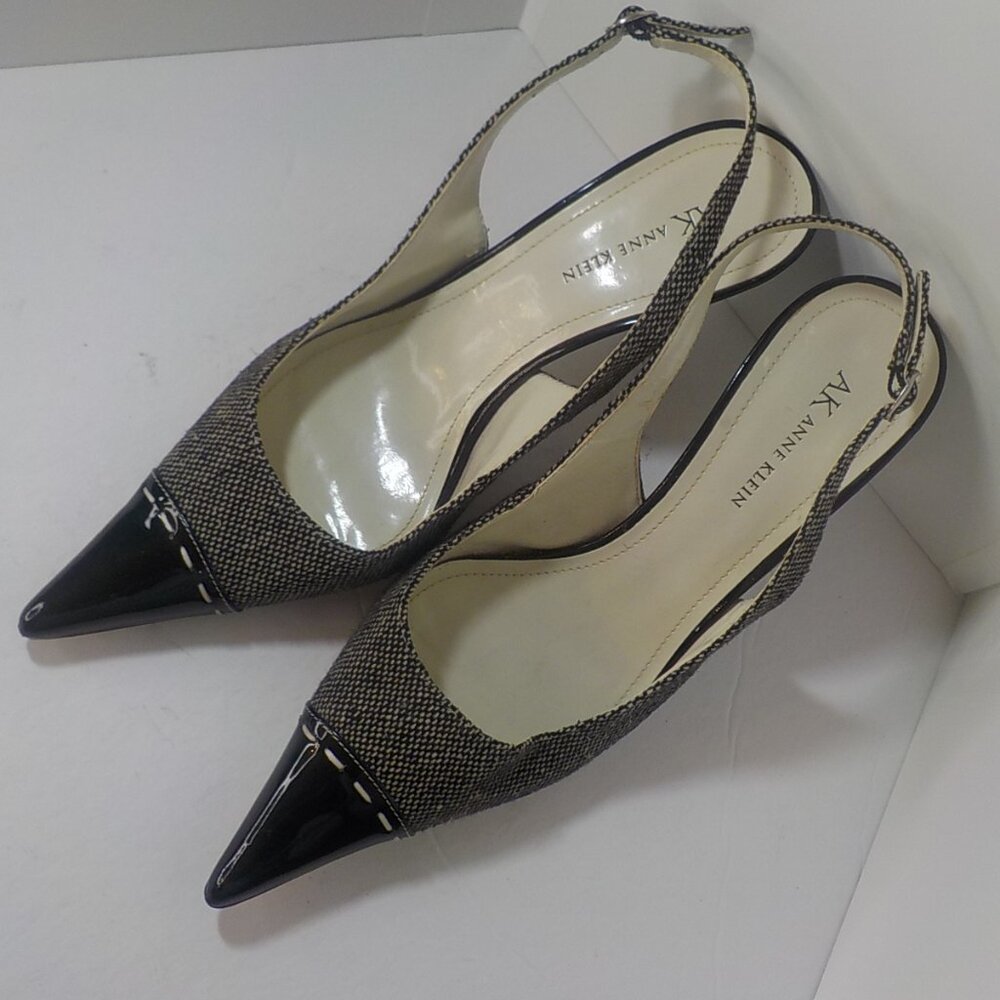 ANNE KLEIN, Black Patent Leather, White Whip Stitch Detail & Herringbone Textile